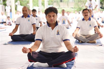 The Union Minister of Steel and Civil Aviation, Shri Jyotiraditya M. Scindia participates in Yoga on the occasion of 9th International Day of Yoga 2023 celebration, in New Delhi on June 21, 2023.