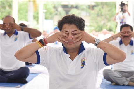 The Union Minister of Steel and Civil Aviation, Shri Jyotiraditya M. Scindia participates in Yoga on the occasion of 9th International Day of Yoga 2023 celebration, in New Delhi on June 21, 2023.