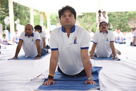 The Union Minister of Steel and Civil Aviation, Shri Jyotiraditya M. Scindia participates in Yoga on the occasion of 9th International Day of Yoga 2023 celebration, in New Delhi on June 21, 2023.