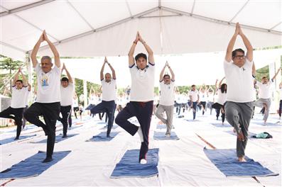 The Union Minister of Steel and Civil Aviation, Shri Jyotiraditya M. Scindia participates in Yoga on the occasion of 9th International Day of Yoga 2023 celebration, in New Delhi on June 21, 2023.