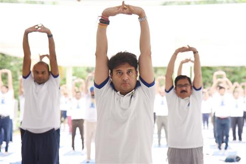 The Union Minister of Steel and Civil Aviation, Shri Jyotiraditya M. Scindia participates in Yoga on the occasion of 9th International Day of Yoga 2023 celebration, in New Delhi on June 21, 2023.