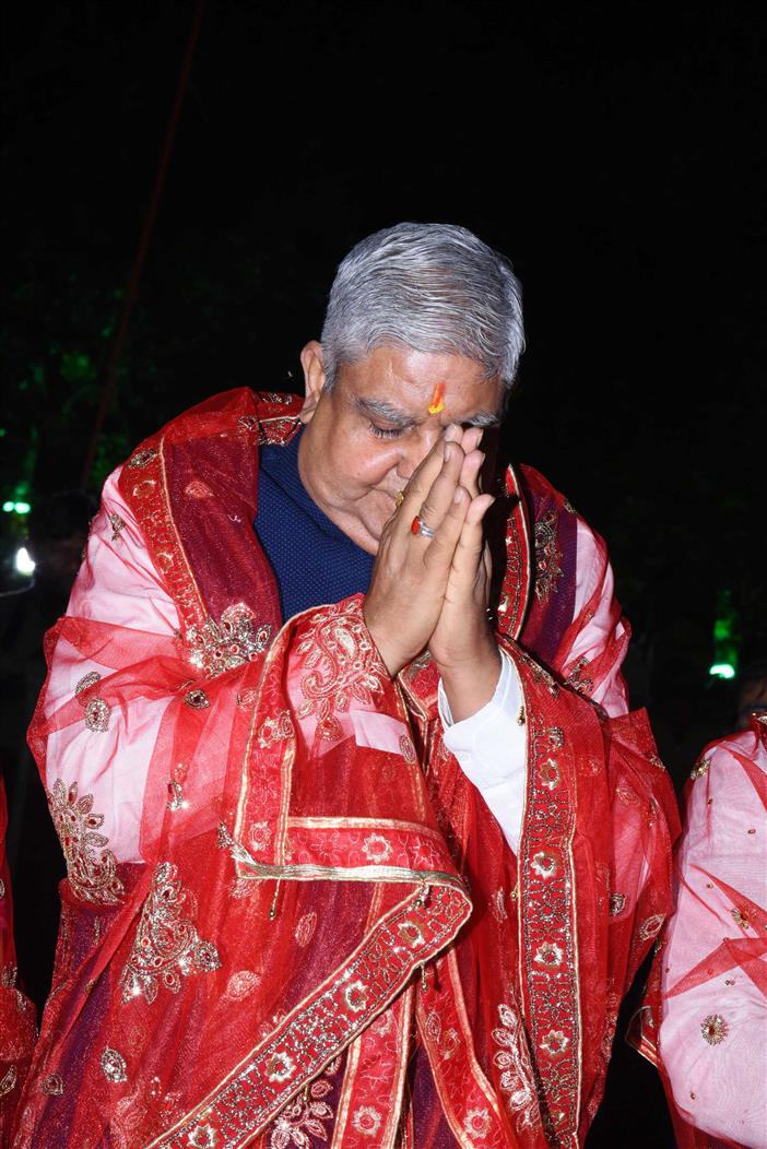 The Vice President and Chairman of Rajya Sabha, Shri Jagdeep Dhankhar attends the 'Maha-Aarti' of the Narmada Ji at Jabalpur, in Madhya Pradesh on June 20, 2023.