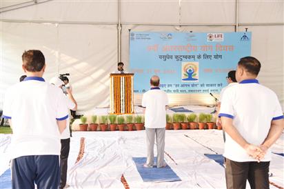 The Union Minister of Steel and Civil Aviation, Shri Jyotiraditya M. Scindia addressing at the 9th International Day of Yoga 2023 celebration, in New Delhi on June 21, 2023.:Ministry of Civil Aviation