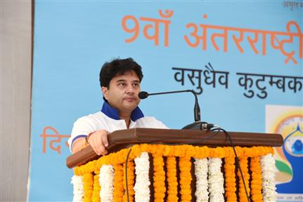 The Union Minister of Steel and Civil Aviation, Shri Jyotiraditya M. Scindia addressing at the 9th International Day of Yoga 2023 celebration, in New Delhi on June 21, 2023.:Ministry of Civil Aviation