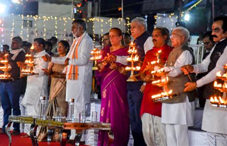 The Vice President and Chairman of Rajya Sabha, Shri Jagdeep Dhankhar attends the 'Maha-Aarti' of the Narmada Ji at Jabalpur, in Madhya Pradesh on June 20, 2023.