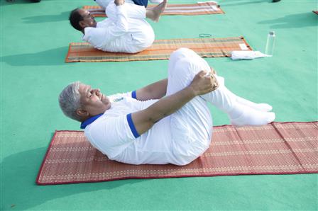 The Vice President and Chairman of Rajya Sabha, Shri Jagdeep Dhankhar performing Yoga Asanas at the 9th International Day of Yoga 2023 celebrations at Jabalpur, in Madhya Pradesh on June 21, 2023.:Vice President