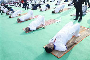 The Vice President and Chairman of Rajya Sabha, Shri Jagdeep Dhankhar performing Yoga Asanas at the 9th International Day of Yoga 2023 celebrations at Jabalpur, in Madhya Pradesh on June 21, 2023.:Vice President