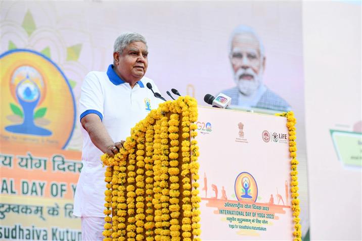 The Vice President and Chairman of Rajya Sabha, Shri Jagdeep Dhankhar addressing the participants at the 9th International Day of Yoga 2023 celebrations at Jabalpur, in Madhya Pradesh on June 21, 2023.:Vice President