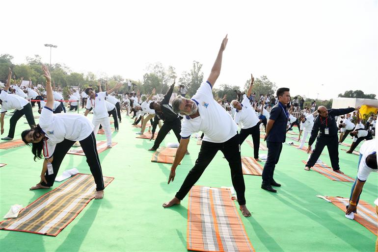 The Minister of State for Jal Shakti and Food Processing Industries, Shri Prahalad Singh Patel participates in Yoga on the occasion of 9th International Day of Yoga 2023 celebration at Jabalpur, in Madhya Pradesh on June 21, 2023.:Ministry of Jal Shakti