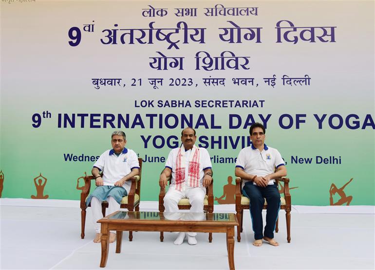 The Speaker of Lok Sabha, Shri Om Birla attends the 9th International Day of Yoga 2023 celebration at Parliament House, in New Delhi on June 21, 2023.:Ministry of Parliamentary Affairs