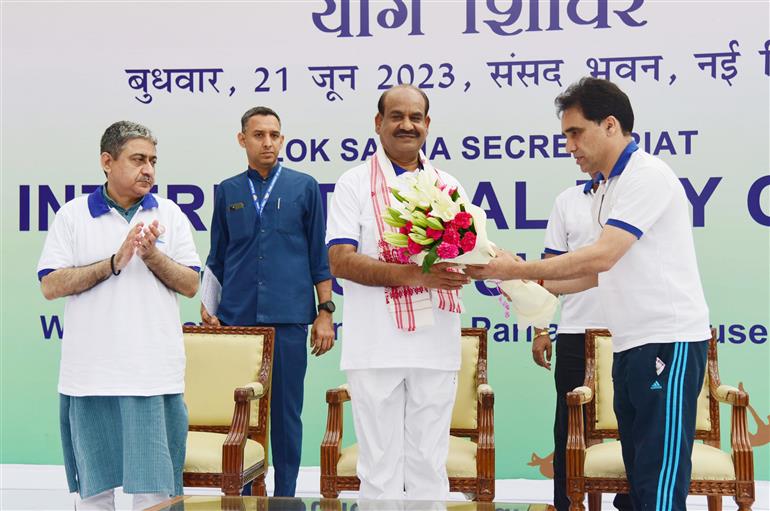 The Speaker of Lok Sabha, Shri Om Birla attends the 9th International Day of Yoga 2023 celebration at Parliament House, in New Delhi on June 21, 2023.:Ministry of Parliamentary Affairs