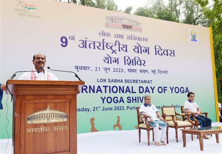 The Speaker of Lok Sabha, Shri Om Birla addressing at the 9th International Day of Yoga 2023 celebration at Parliament House, in New Delhi on June 21, 2023.:Ministry of Parliamentary Affairs