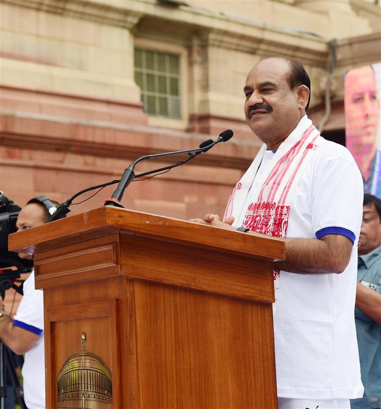 The Speaker of Lok Sabha, Shri Om Birla addressing at the 9th International Day of Yoga 2023 celebration at Parliament House, in New Delhi on June 21, 2023.:Ministry of Parliamentary Affairs