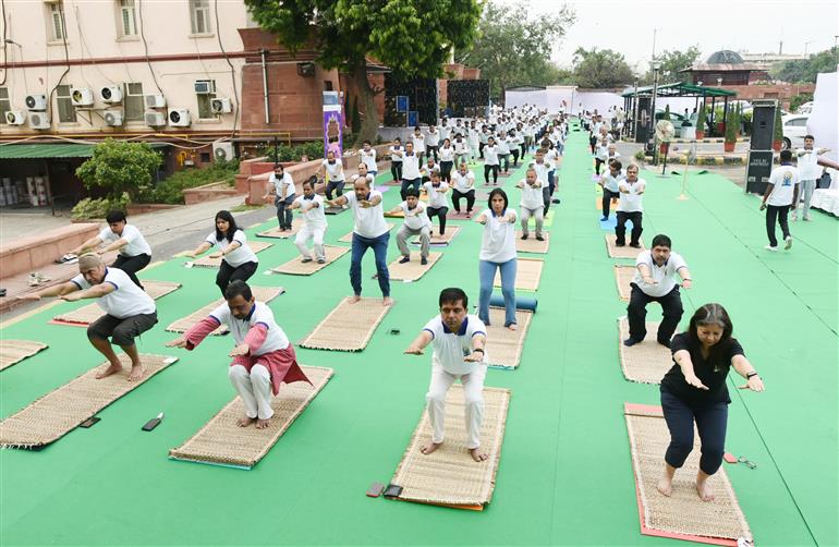 The Secretary, Ministry of Rural Development, Shri Shailesh Kumar Singh participates in Yoga on the occasion of 9th International Day of Yoga 2023 celebration at Krishi Bhawan, in New Delhi on June 21, 2023.:Ministry of Rural Development