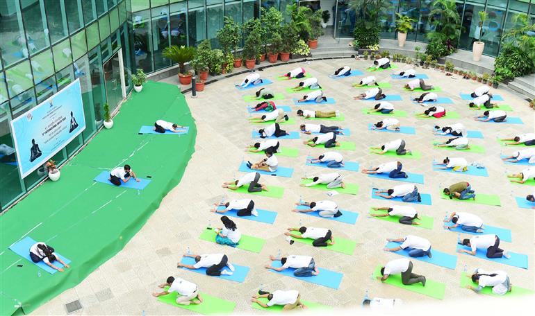 The Principal Director General, Mr. Rajesh Malhotra lead Senior officers and Staff of Press Information Bureau performs yoga on the occasion of 9th International Day of Yoga 2023 celebrations at National Media Centre, in New Delhi on June 21, 2023.:Ministry of Information & Broadcasting