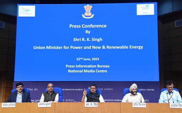 The Union Minister for Power, New and Renewable Energy, Shri Raj Kumar Singh addressing a press conference on the performance of the power sector during the last nine years and India’s progress towards energy transition during this period, in New Delhi on June 22, 2023.