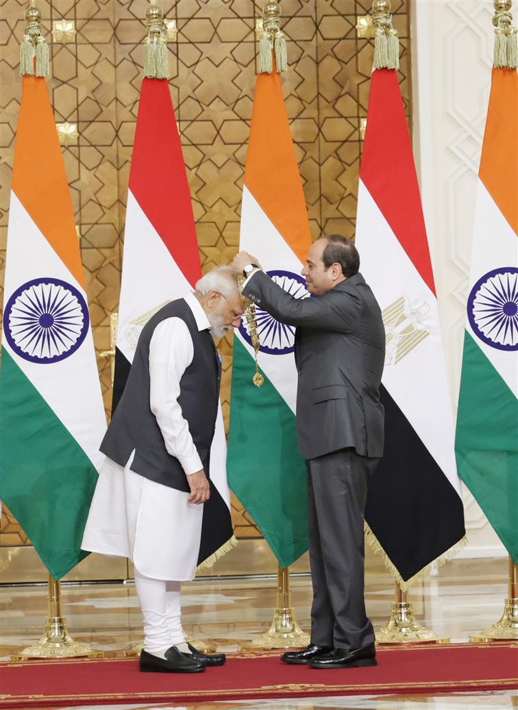 PM being conferred with the highest state honour of Egypt ‘Order of the Nile’ award by the Egyptian President, Mr. Abdel Fattah El-Sisi, at President House (Cairo), in Egypt on June 25, 2023.