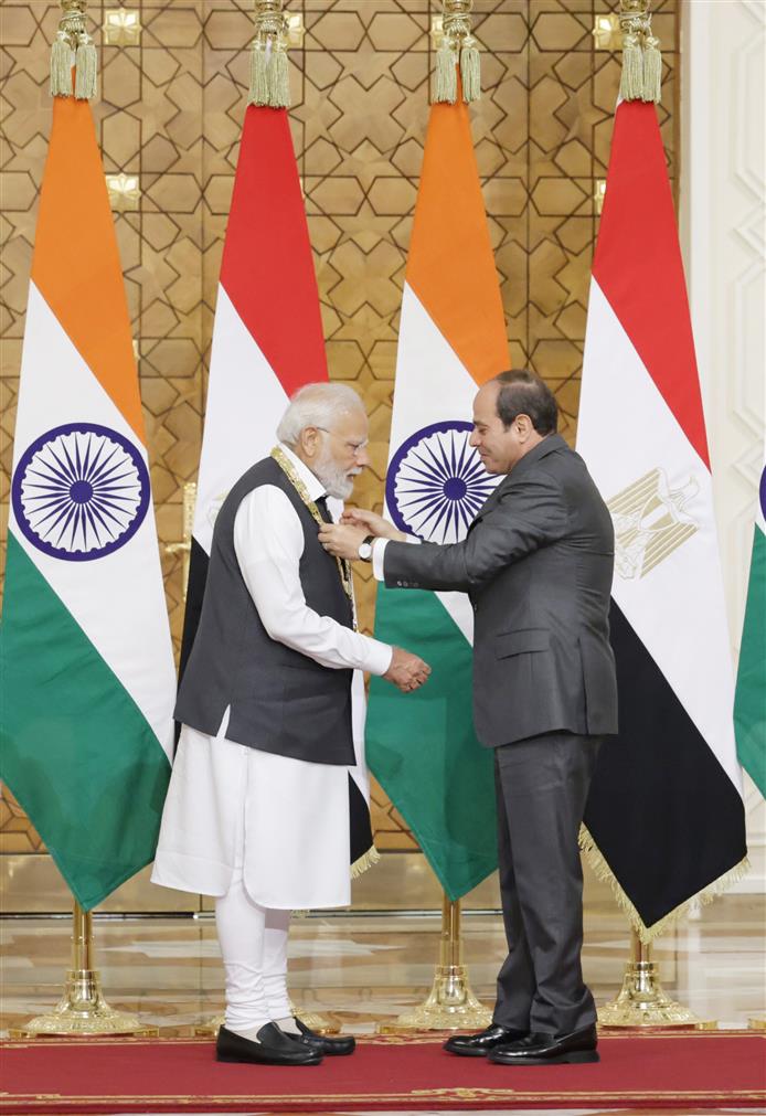 PM being conferred with the highest state honour of Egypt ‘Order of the Nile’ award by the Egyptian President, Mr. Abdel Fattah El-Sisi, at President House (Cairo), in Egypt on June 25, 2023.
