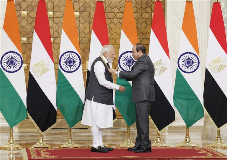 PM being conferred with the highest state honour of Egypt ‘Order of the Nile’ award by the Egyptian President, Mr. Abdel Fattah El-Sisi, at President House (Cairo), in Egypt on June 25, 2023.