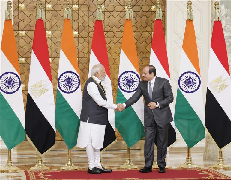 PM being conferred with the highest state honour of Egypt ‘Order of the Nile’ award by the Egyptian President, Mr. Abdel Fattah El-Sisi, at President House (Cairo), in Egypt on June 25, 2023.