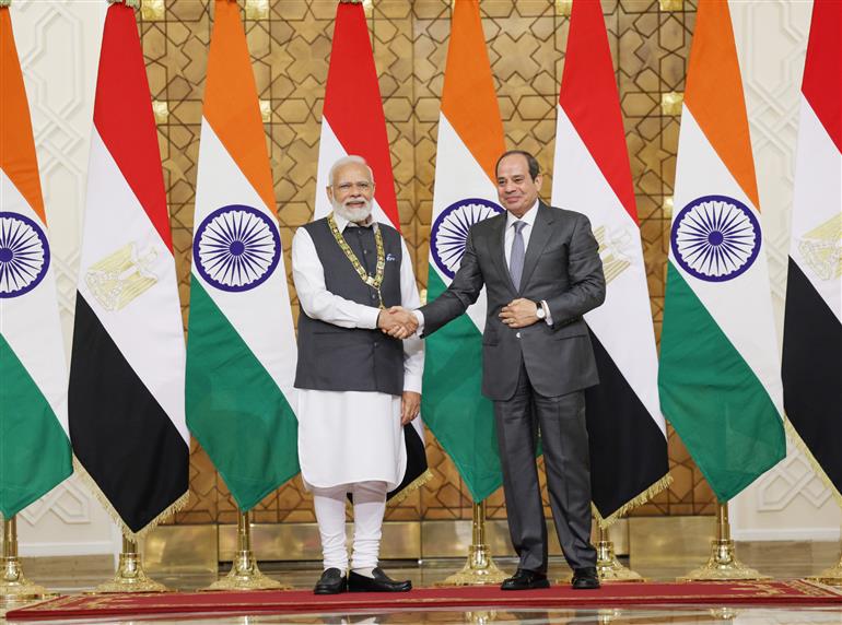 PM being conferred with the highest state honour of Egypt ‘Order of the Nile’ award by the Egyptian President, Mr. Abdel Fattah El-Sisi, at President House (Cairo), in Egypt on June 25, 2023.