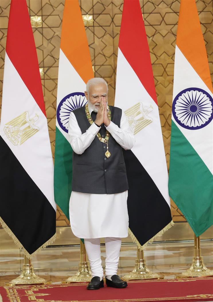 PM being conferred with the highest state honour of Egypt ‘Order of the Nile’ award by the Egyptian President, Mr. Abdel Fattah El-Sisi, at President House (Cairo), in Egypt on June 25, 2023.