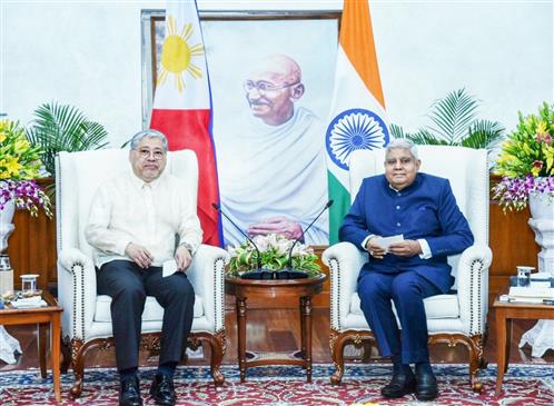 The Secretary of Foreign Affairs of the Philippines, Mr. Enrique A. Manalo calls on the Vice-President, Shri Jagdeep Dhankhar at Upa-Rashtrapati Nivas, in New Delhi on June 28, 2023.