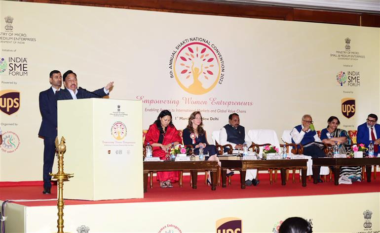 The Union Minister for Micro, Small and Medium Enterprises, Shri Narayan Tatu Rane addressing at the ‘Shakti National Convention for Empowering Women Entrepreneurs 2023’, in New Delhi on March 1, 2023.