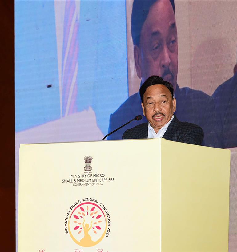 The Union Minister for Micro, Small and Medium Enterprises, Shri Narayan Tatu Rane addressing at the ‘Shakti National Convention for Empowering Women Entrepreneurs 2023’, in New Delhi on March 1, 2023.