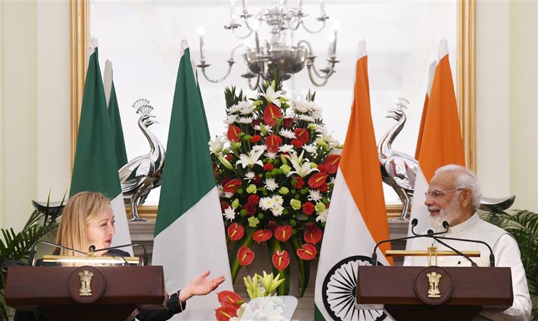 PM and the Italian Prime Minister Ms. Giorgia Meloni at the Joint Press Statements at Hyderabad House, in New Delhi on March 2, 2023.