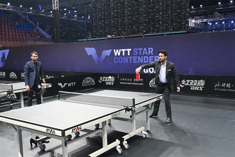 The Union Minister for Information & Broadcasting, Youth Affairs and Sports, Shri Anurag Singh Thakur attends the closing ceremony of World Table Tennis (WTT) Star contender Goa-2023, in Goa on March 5, 2023.