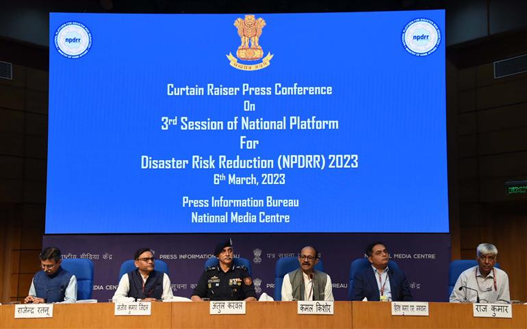 The Member Secretary NDMA, Kamal Kishor holding a curtain raiser press conference on 3rd session of national platform for Disaster Risk Reduction (NPDRR)-2023, in New Delhi on March 06, 2023. 