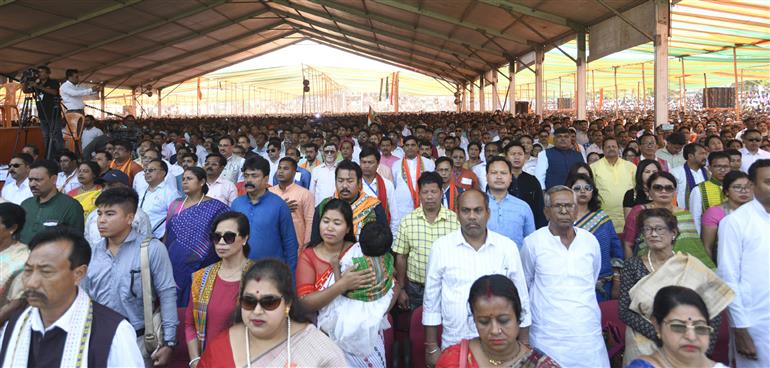 Gathering at the swearing-in ceremony of Shri Manik Saha at Agartala, in Tripura on March 08, 2023. PM attends the occasion.