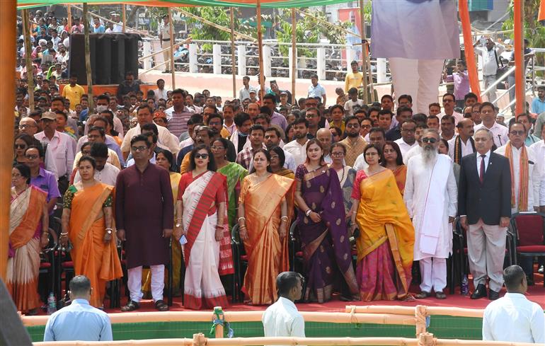 Gathering at the swearing-in ceremony of Shri Manik Saha at Agartala, in Tripura on March 08, 2023. PM attends the occasion.