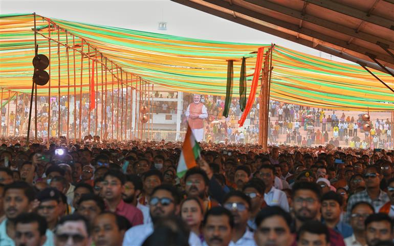 Gathering at the swearing-in ceremony of Shri Manik Saha at Agartala, in Tripura on March 08, 2023. PM attends the occasion.