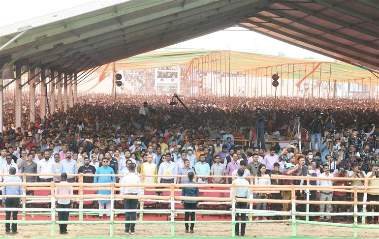 Gathering at the swearing-in ceremony of Shri Manik Saha at Agartala, in Tripura on March 08, 2023. PM attends the occasion.