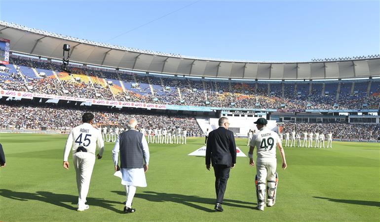 PM with the Australian Prime Minister, Mr. Anthony Albanese during the India vs Australia 4th Test match at Narendra Modi Stadium at Ahemdabad, in Gujarat on March 09, 2023.