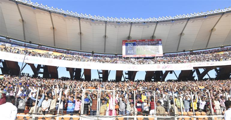 Gathering of audiance at the Stadium during India vs Australia 4th Test match at Narendra Modi Stadium at Ahemdabad, in Gujarat on March 09, 2023. PM along with the Australian Prime Minister, Mr. Anthony Albanese graced the match.