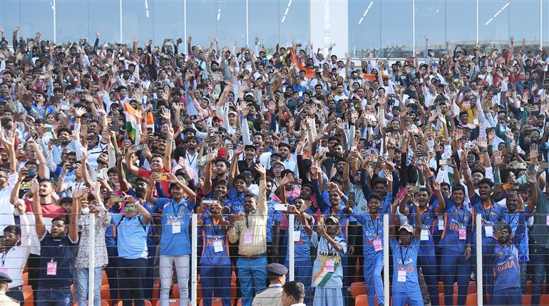 Gathering of audiance at the Stadium during India vs Australia 4th Test match at Narendra Modi Stadium at Ahemdabad, in Gujarat on March 09, 2023. PM along with the Australian Prime Minister, Mr. Anthony Albanese graced the match.