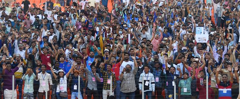 Gathering of audiance at the Stadium during India vs Australia 4th Test match at Narendra Modi Stadium at Ahemdabad, in Gujarat on March 09, 2023. PM along with the Australian Prime Minister, Mr. Anthony Albanese graced the match.