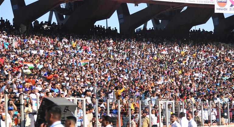 Gathering of audiance at the Stadium during India vs Australia 4th Test match at Narendra Modi Stadium at Ahemdabad, in Gujarat on March 09, 2023. PM along with the Australian Prime Minister, Mr. Anthony Albanese graced the match.