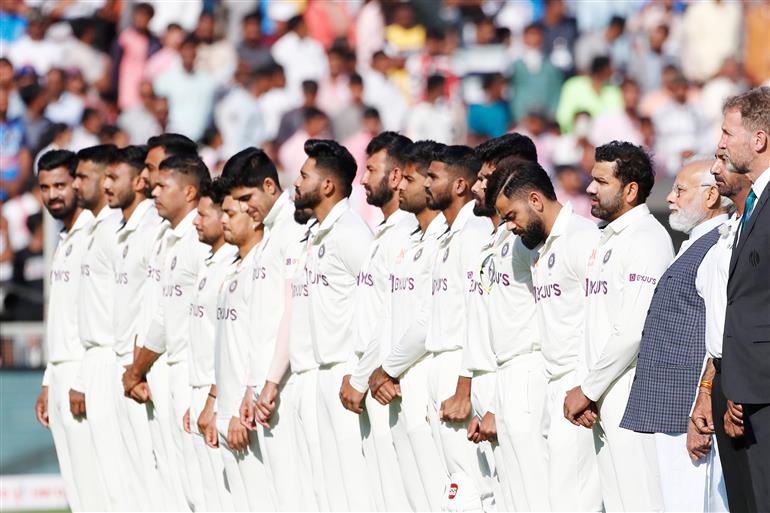 PM with the Players of Indian Cricket Team during the India vs Australia 4th Test match at Narendra Modi Stadium at Ahemdabad, in Gujarat on March 09, 2023.