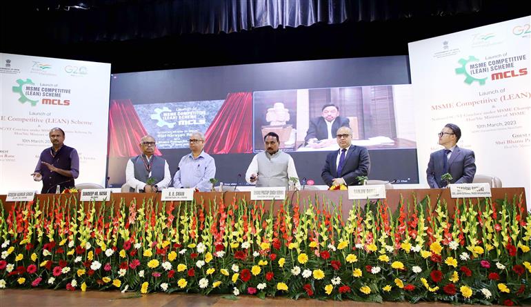 The Union Minister for Micro, Small and Medium Enterprises, Shri Narayan Tatu Rane  launches MSME Competitive (LEAN) Scheme under MSME Champions Scheme, in New Delhi on March 10, 2023. The Minister of State for Micro, Small and Medium Enterprises, Shri Bhanu Pratap Singh Verma is also seen.