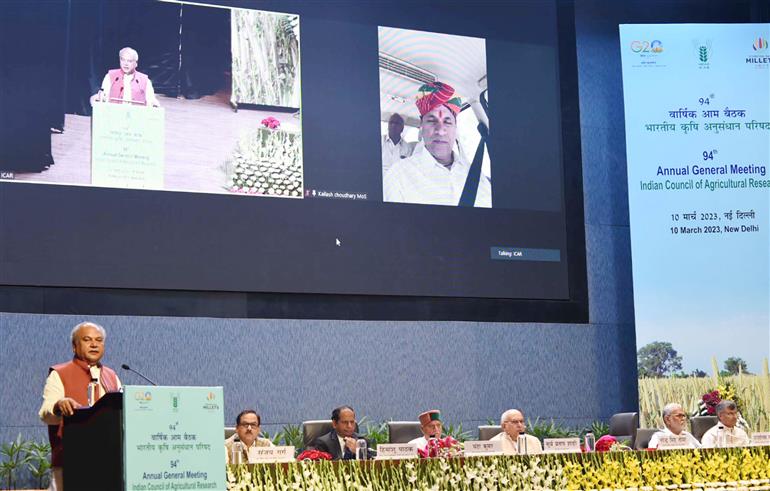 The Union Minister for Agriculture and Farmers Welfare, Shri Narendra Singh Tomar addressing the 94th Annual General Meeting of the ICAR Society, in New Delhi on March 10, 2023.