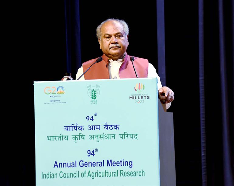 The Union Minister for Agriculture and Farmers Welfare, Shri Narendra Singh Tomar addressing the 94th Annual General Meeting of the ICAR Society, in New Delhi on March 10, 2023.