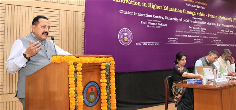 The Minister of State for Science & Technology and Earth Sciences (I/C), Prime Minister’s Office, Personnel, Public Grievances & Pensions, Atomic Energy and Space, Dr. Jitendra Singh addressing at the Inaugural Session of the 3-day National Seminar on “Innovation in Education Through Public-Private-Partnership (PPP) Model”, in New Delhi on March 13, 2023.