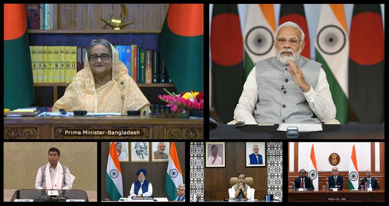 PM and the Bangladesh Prime Minister, Smt. Sheikh Hasina jointly inaugurates the India-Bangladesh Friendship Pipeline (IBFP) from Siliguri (India) to Parbatipur (Bangladesh) via video conferencing on March 18, 2023.