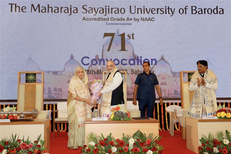 The Union Minister for Home Affairs and Cooperation, Shri Amit Shah attends the 71st Convocation of Maharaja Sayajirao University, as the Chief Guest at Vadodara, in Gujarat on March 18, 2023.
