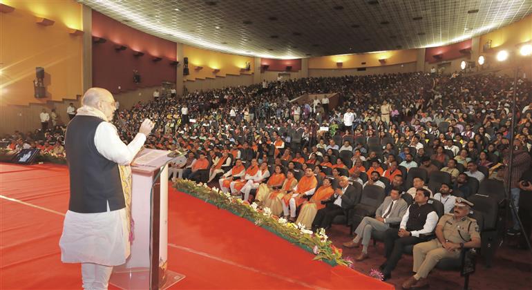 The Union Minister for Home Affairs and Cooperation, Shri Amit Shah addressing at the 71st Convocation of Maharaja Sayajirao University, as the Chief Guest at Vadodara, in Gujarat on March 18, 2023.