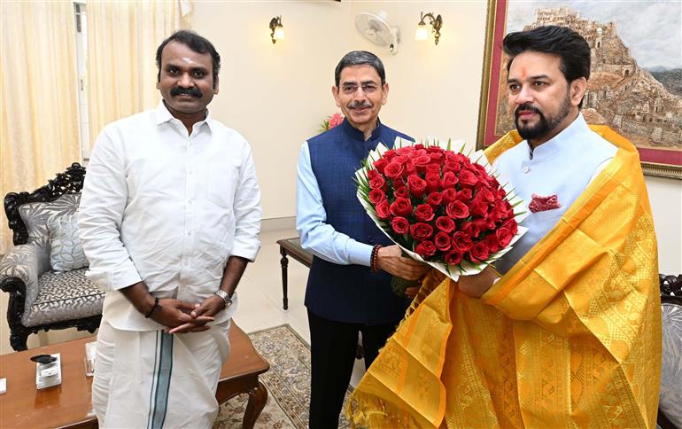 The Union Minister for Information & Broadcasting, Youth Affairs and Sports, Shri Anurag Singh Thakur and the Minister of State for Fisheries, Animal Husbandry & Dairying, Information and Broadcasting, Dr. L. Murugan meets the Governor of Tamil Nadu, Mr. RN Ravi, in Chennai on March 19, 2023.
